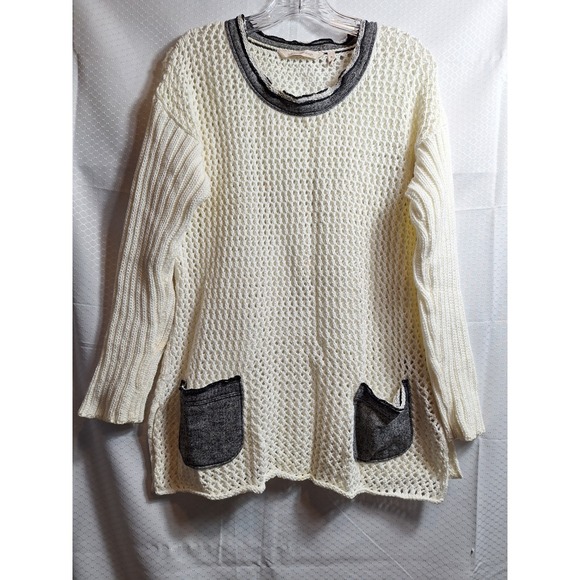 Soft Surroundings Sweaters - SOFT SURROUNDINGS Crochet Open Knit Sweater Sz M White Black Pockets Lagenlook